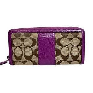 Coach Wallet Park Signature Accordion Zip Around Khaki Fuchsia Purple Big C